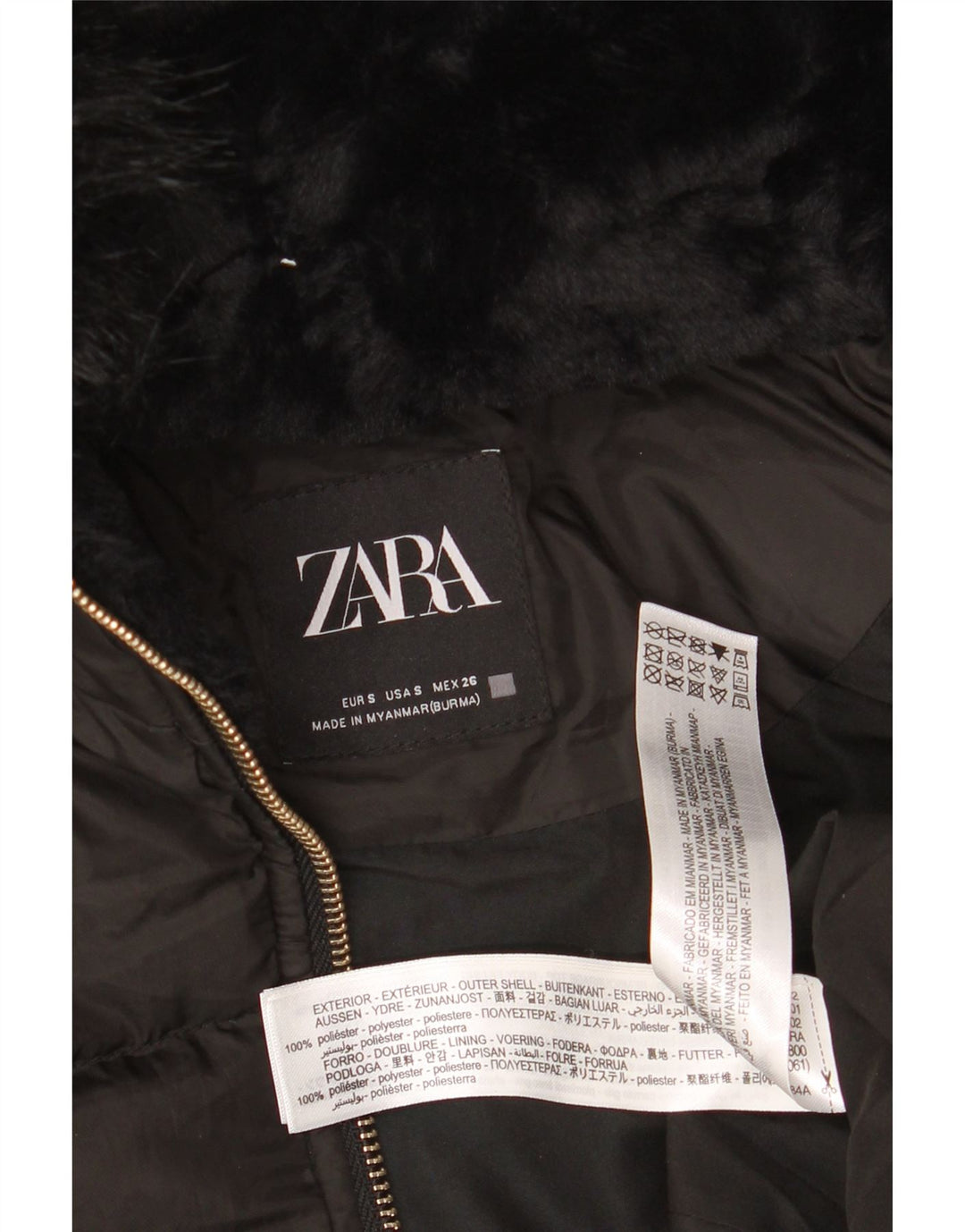 Zara Mujer Chaqueta Acolchada Con Capucha UK 10 Small Poliéster Negro