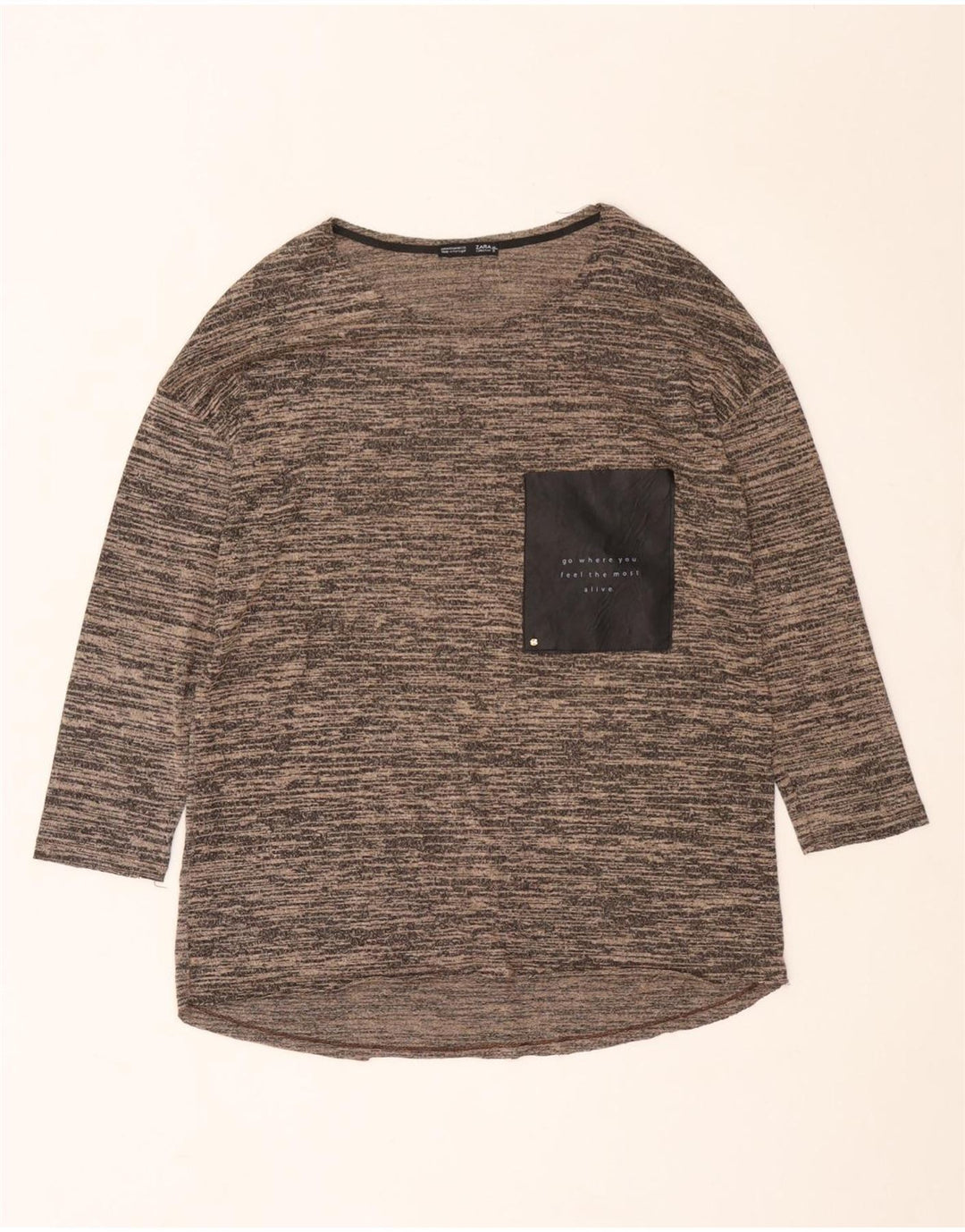 Zara Mujer Top Manga 3/4 UK 42 Marrón Medio Moteado