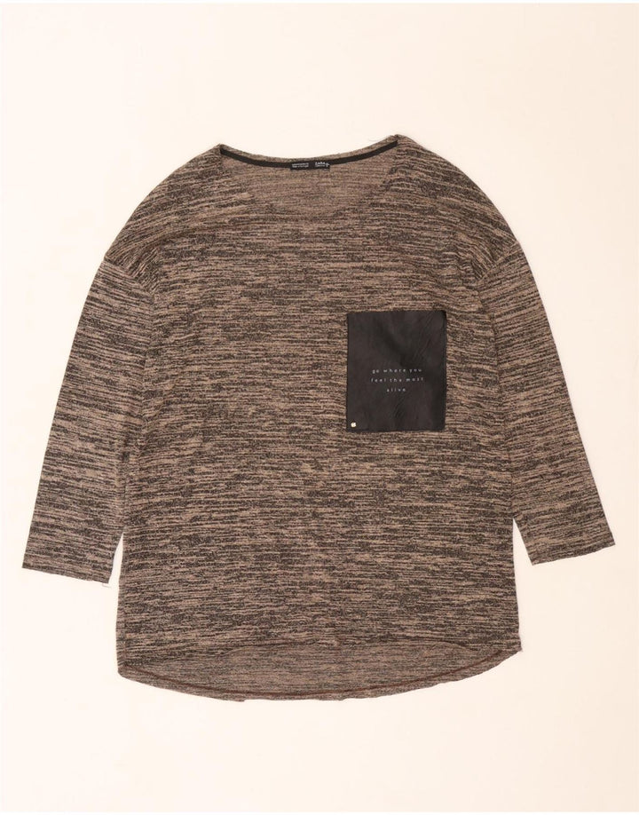 Zara Mujer Top Manga 3/4 UK 42 Marrón Medio Moteado