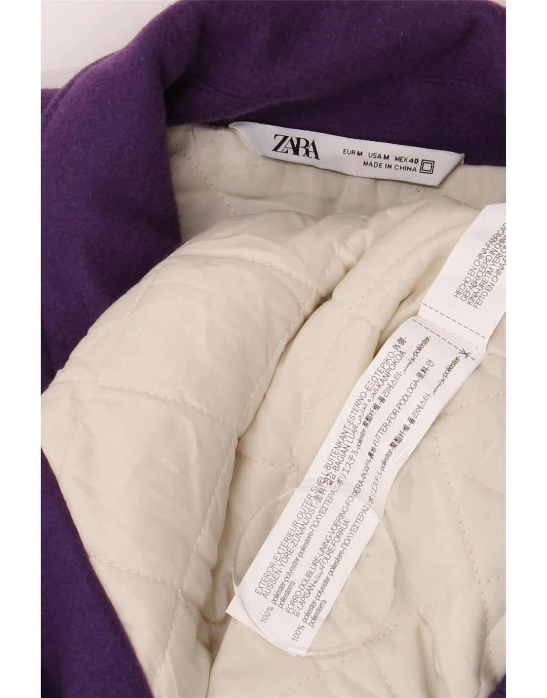 ZARA Chaqueta universitaria gráfica para hombre ES 38 Poliéster con bloques de color morado mediano