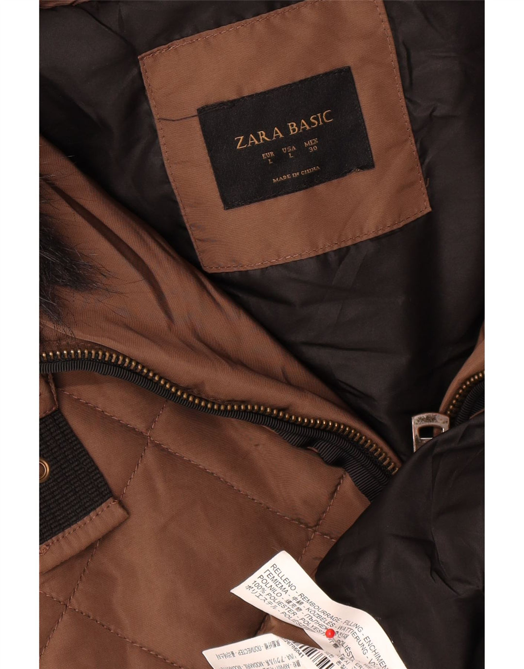 Zara Mujer Abrigo Acolchado Con Capucha UK 46 Grande Poliéster Marrón