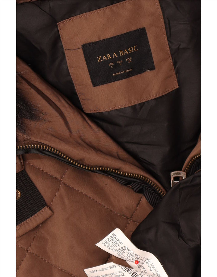 Zara Mujer Abrigo Acolchado Con Capucha UK 46 Grande Poliéster Marrón