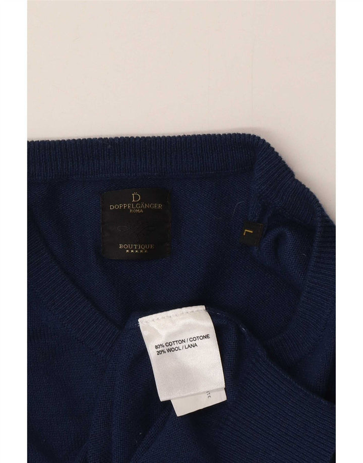Vintage hombres cuello redondo jersey suéter grande algodón azul