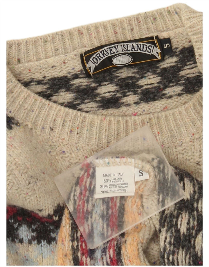 Vintage hombres cuello redondo jersey suéter pequeño beige feria isla lana