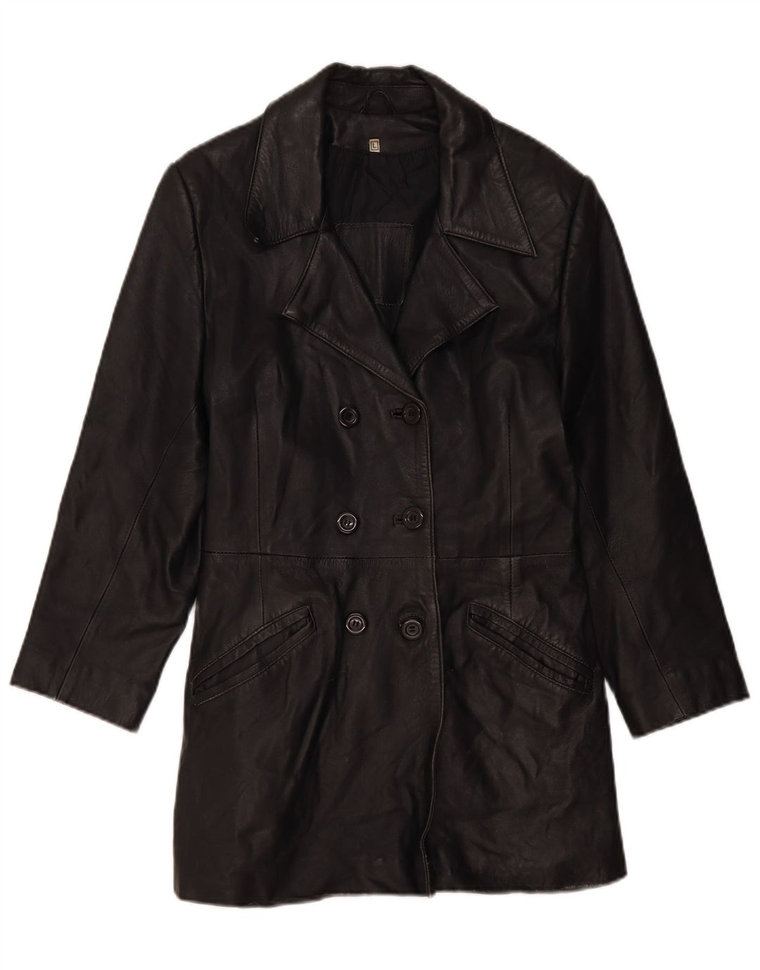 VINTAGE Abrigo de cuero para mujer Reino Unido 14 Cuero negro grande