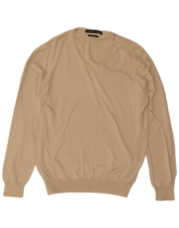 Zara Hombre Jersey Con Cuello En V Jersey Grande Algodón Beige