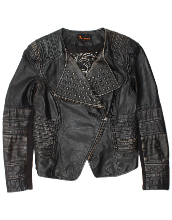 Vintage mujer crop cuero biker chaqueta IT 40 pequeño cuero negro