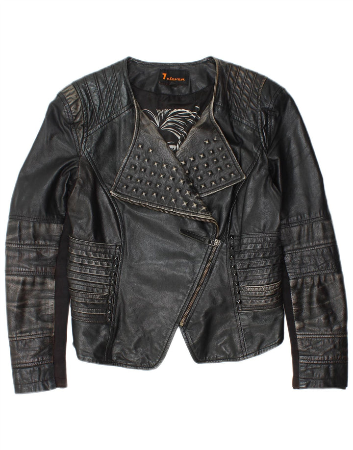 Vintage mujer crop cuero biker chaqueta IT 40 pequeño cuero negro