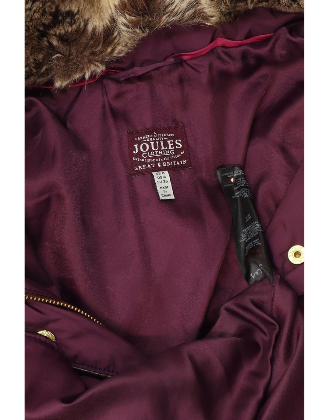 JOULES Abrigo acolchado extragrande con capucha para mujer UK 8 Small Poliéster morado