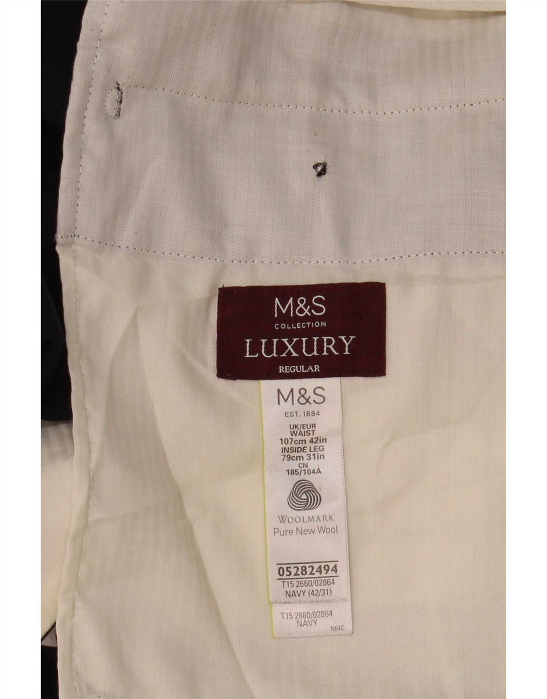 Marks & Spencer Pantalón de traje de corte regular para hombre W42 L31 Lana azul marino