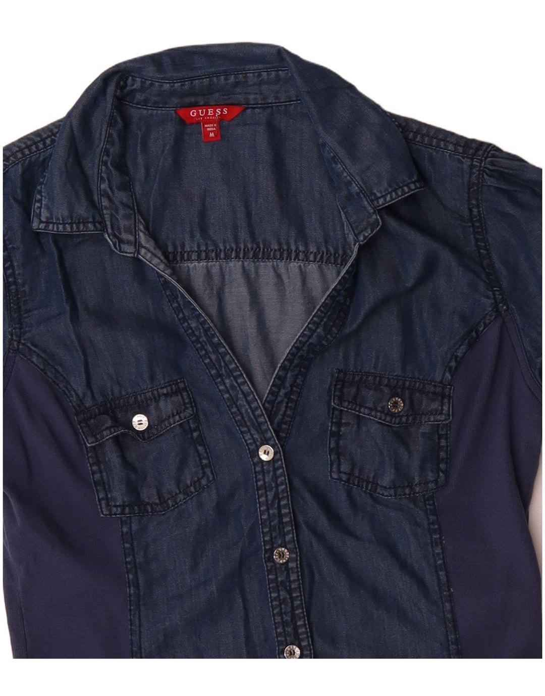 GUESS Blusa vaquera de manga corta para mujer UK 12 Medium Azul marino Tencel