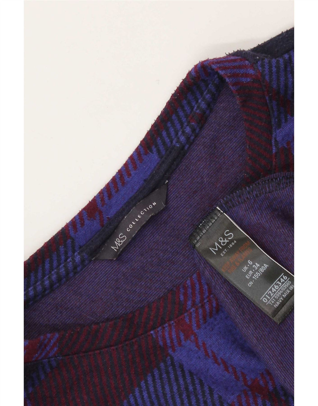 Marks & Spencer Top para mujer de manga larga UK 6 XS Azul marino Cuadros Poliéster