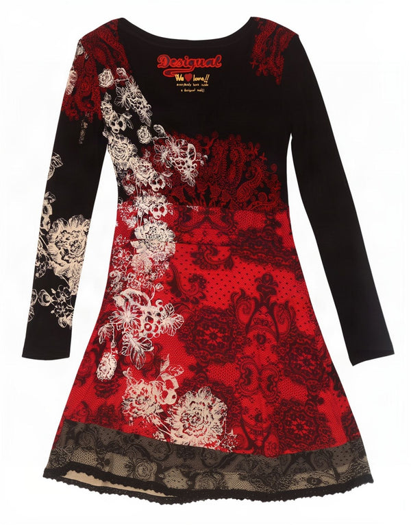 Desigual Vestido Acampanado De Manga Larga Gráfico para Mujer UK 40 XL Negro Floral