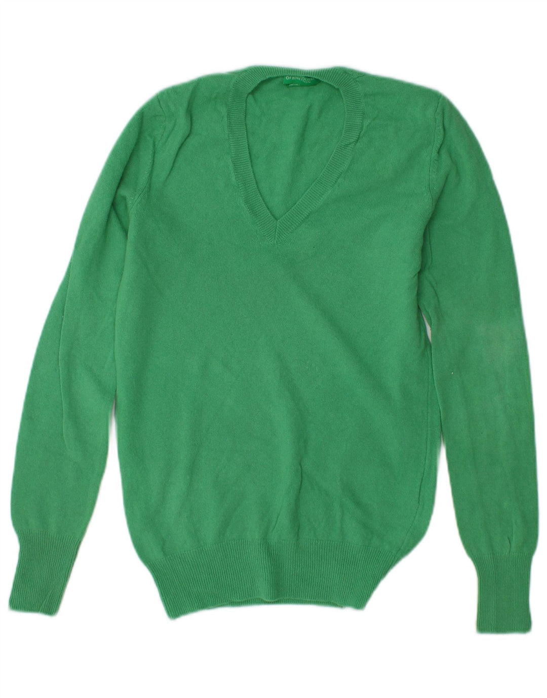 BENETTON Jersey con cuello en V para mujer UK 6 XS Lana virgen verde