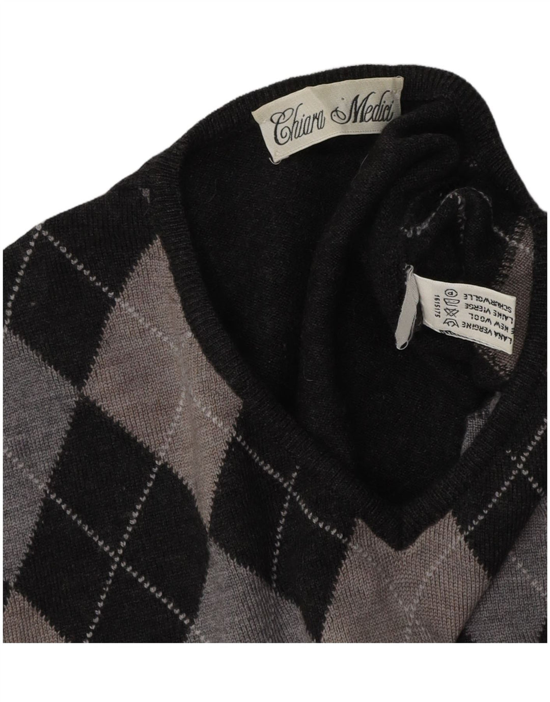 VINTAGE Mujer V-Cuello Jumper Suéter Reino Unido 16 Grande Gris Argyle/Diamond