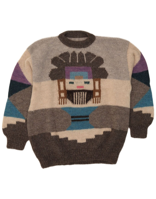 Vintage hombres gráfico cuello redondo jersey suéter grande gris geométrico