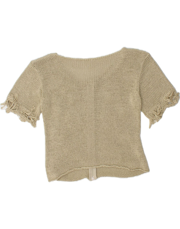 VINTAGE Mujer Manga Corta Cardigan Suéter Reino Unido 10 Pequeño Algodón Beige