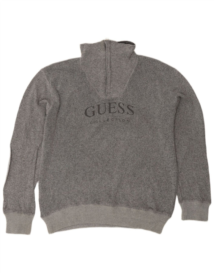 Guess Hombre Gráfico Zip Neck Jumper Suéter Grande Gris Algodón