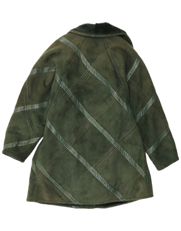 Vintage mujer shearling abrigo Reino Unido 14 cheque verde medio