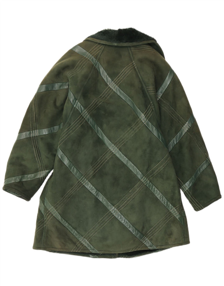 Vintage mujer shearling abrigo Reino Unido 14 cheque verde medio
