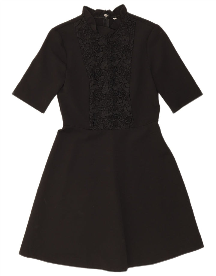 ZARA Mujer Vestido Acampanado UK 40 Pequeño Poliéster Floral Negro