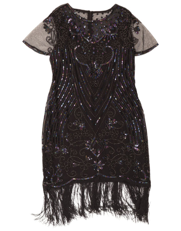 Vintage mujer lentejuelas Charleston vestido Reino Unido 22 3XL negro floral poliéster