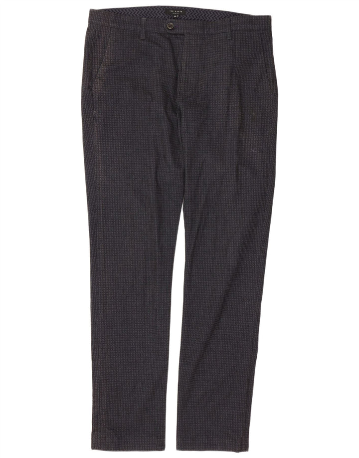 TED BAKER Pantalón de traje ajustado para hombre W36 L33 Algodón geométrico azul marino