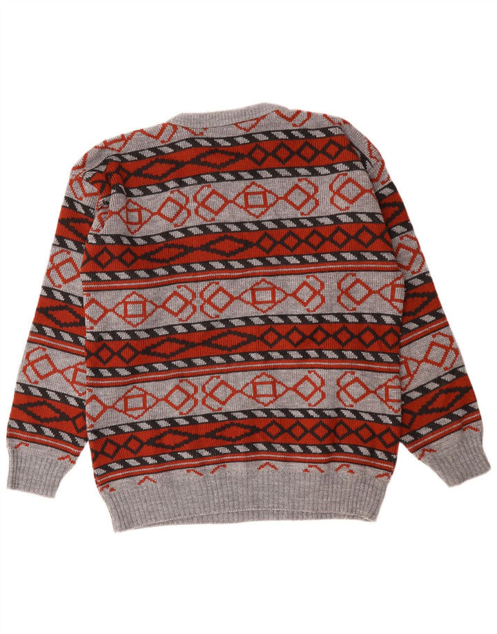 VINTAGE Hombres Crew Neck Jumper Suéter Medio Gris Geométrico Acrílico