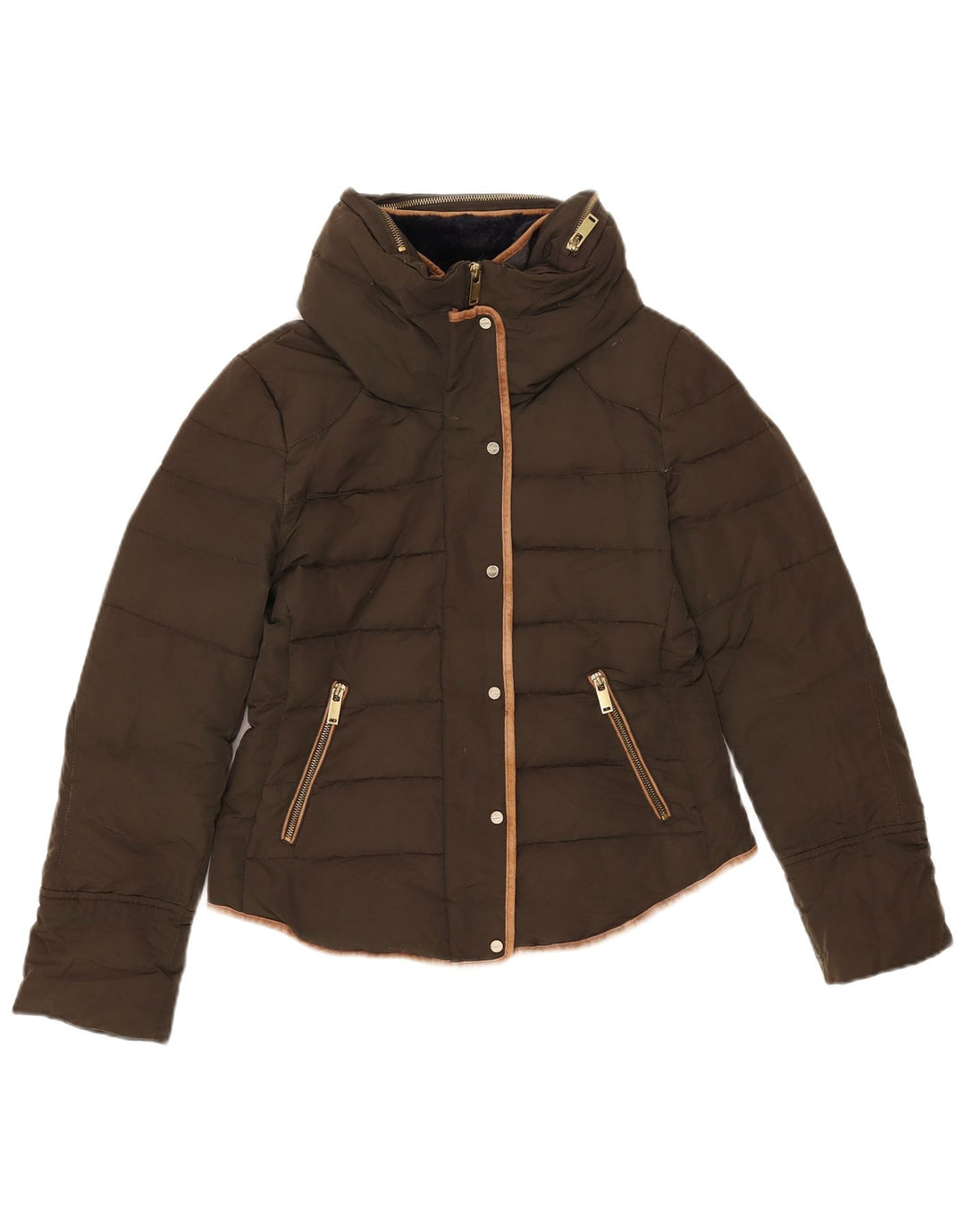 Zara Mujer Chaqueta Acolchada Con Capucha UK 44 Medium Caqui