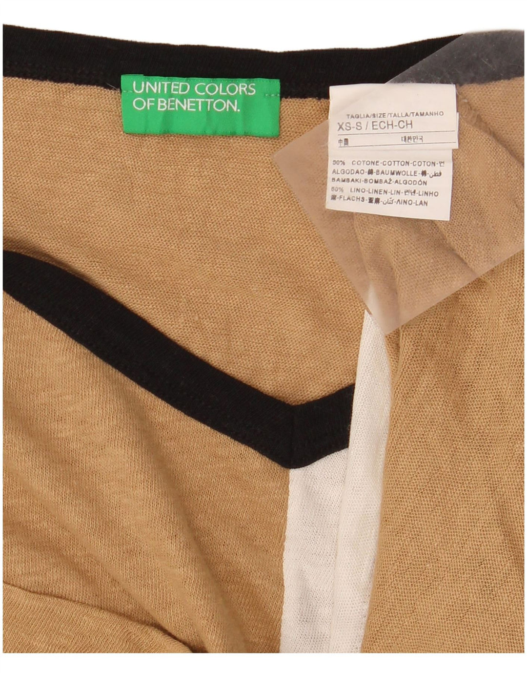 BENETTON Camiseta corta extragrande para mujer UK 6 XS Beige Colorblock