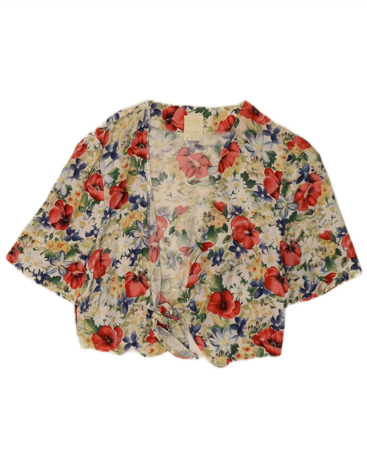 Vintage mujer crop blusa top Reino Unido 12 medio multicolor floral viscosa
