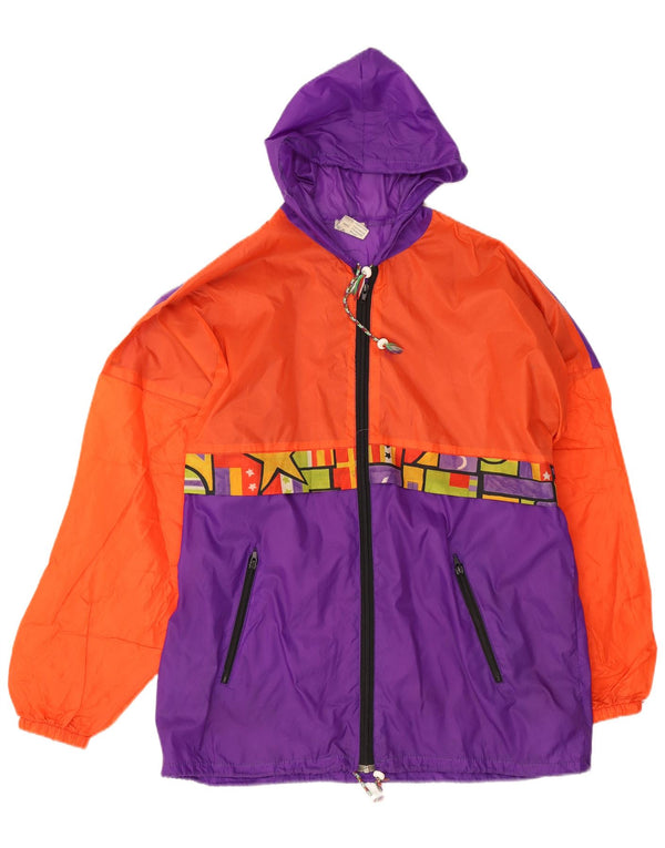 Vintage hombres con capucha chaqueta de lluvia holgada IT 46 Pequeño bloque de color púrpura