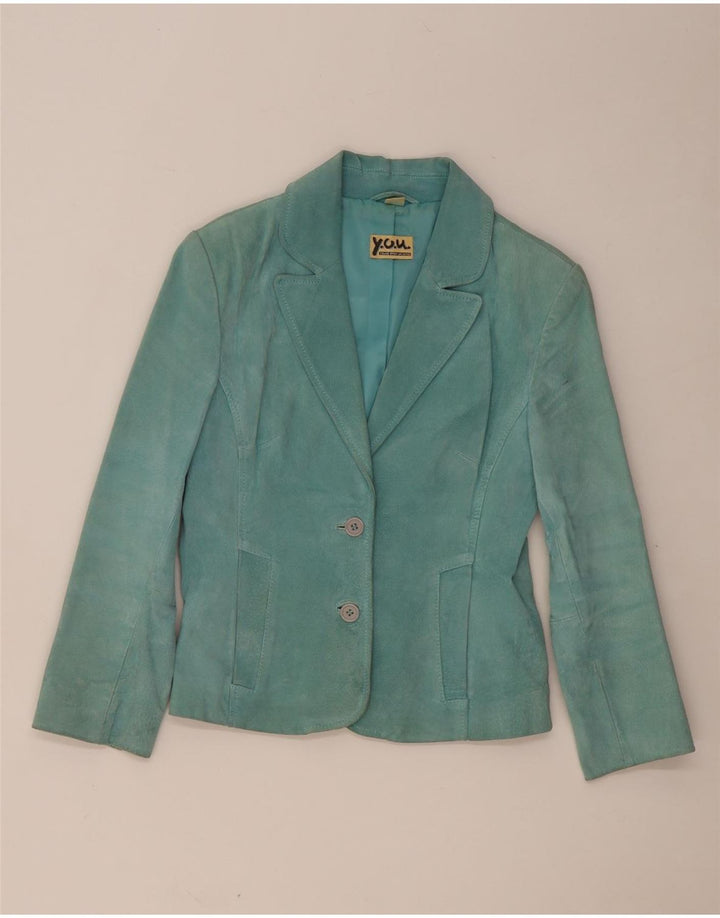 VINTAGE Mujer 2 Botones Ante Blazer Chaqueta Reino Unido 10 Pequeño Cuero Turquesa
