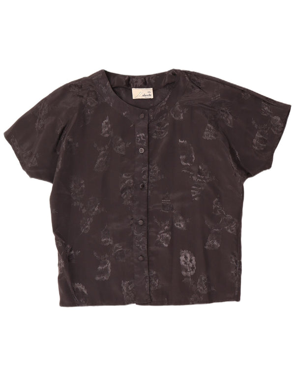 Vintage Womens Short Sleeve Shirt Blouse UK 20 2XL Black Floral Polyester