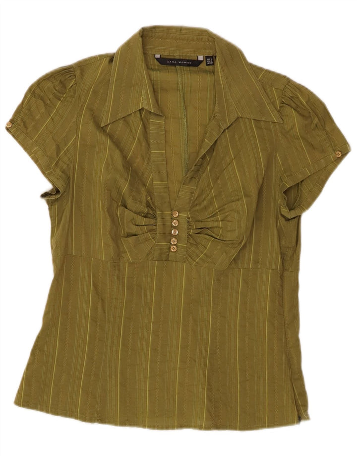 ZARA Camisa tipo jersey de manga corta para mujer UK 40 Large Algodón a rayas caqui
