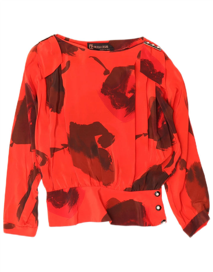 Blusa vintage de manga larga para mujer Top IT 42 Seda floral roja mediana