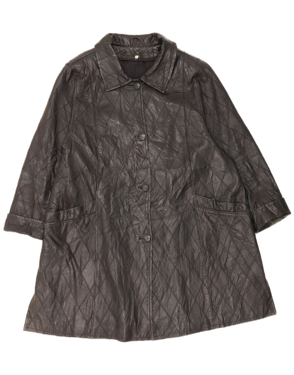 Vintage mujer cuero abrigo Reino Unido 20 2XL negro Argyle/Diamond cuero