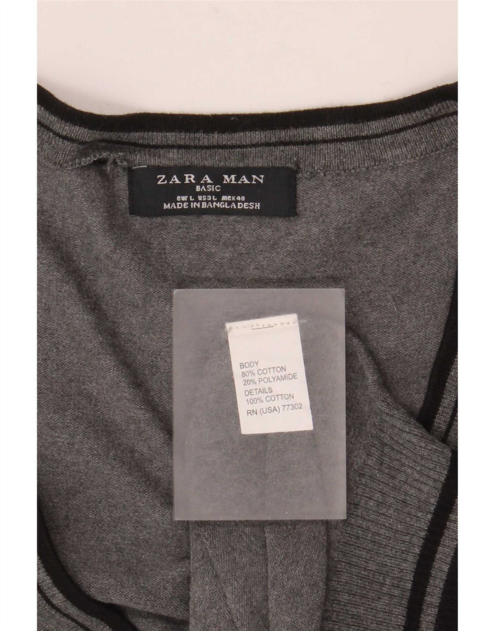 Zara Hombre Jersey Cárdigan Grande Algodón A Rayas Gris
