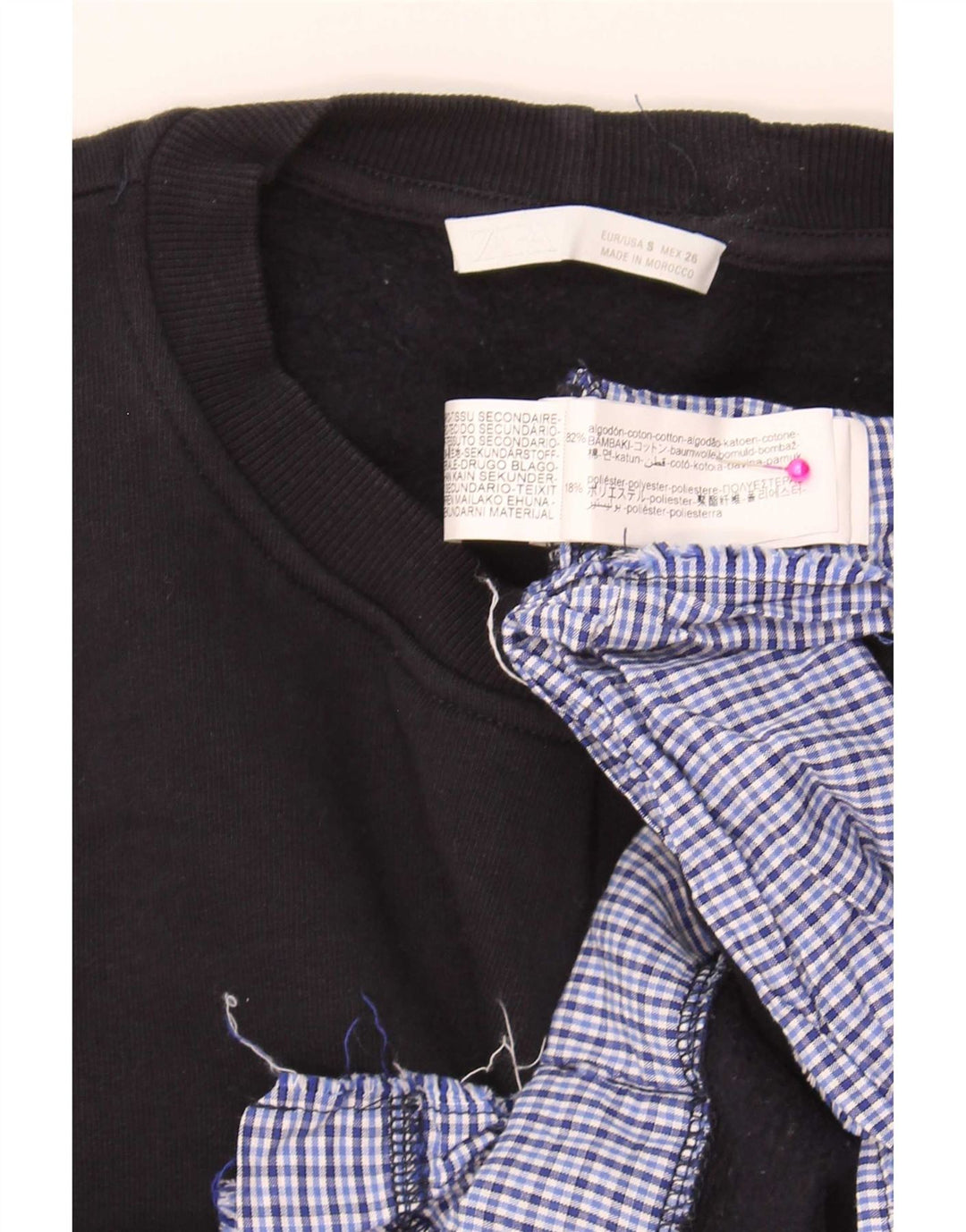 Zara Mujer Crop Sudadera Extragrande Jersey UK 10 Small Navy Blue Check