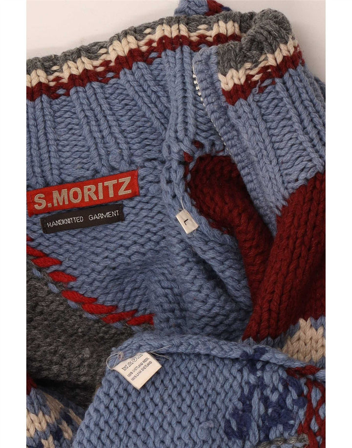 S.Moritz Cárdigan hecho a mano para hombre, suéter grande de lana geométrica azul, novedad