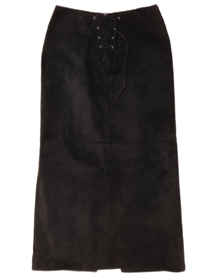 VINTAGE Mujer Ante Maxi Falda Reino Unido 10 Pequeño W26 Cuero Negro