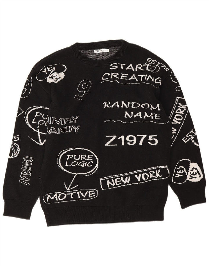 Zara Mujer Gráfico Sudadera De Gran Tamaño Jersey Reino Unido 10 Pequeño Algodón Negro