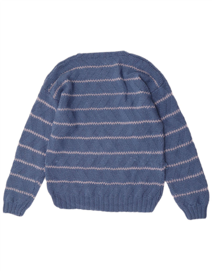 Vintage hombres regular fit cuello redondo jersey suéter medio azul rayas