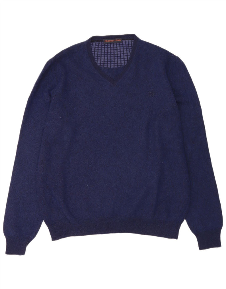 TRUSSARDI Jersey con cuello en V para hombre, talla 2XL, lana azul marino