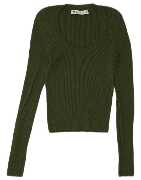 Zara Mujer Slim Fit Top Manga Larga UK 8 Small Viscosa Verde