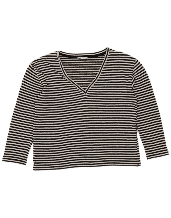Zara Mujer Top Manga Larga UK 44 Mediano Algodón A Rayas Negro
