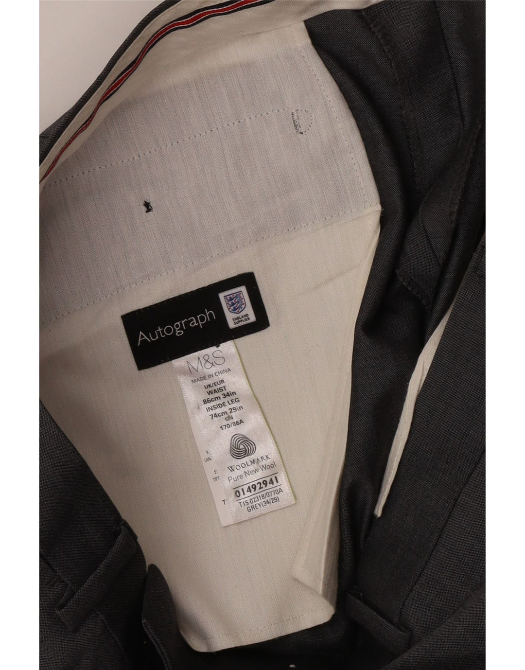 Marks & Spencer Pantalón de traje recto para hombre W34 L29 Lana gris