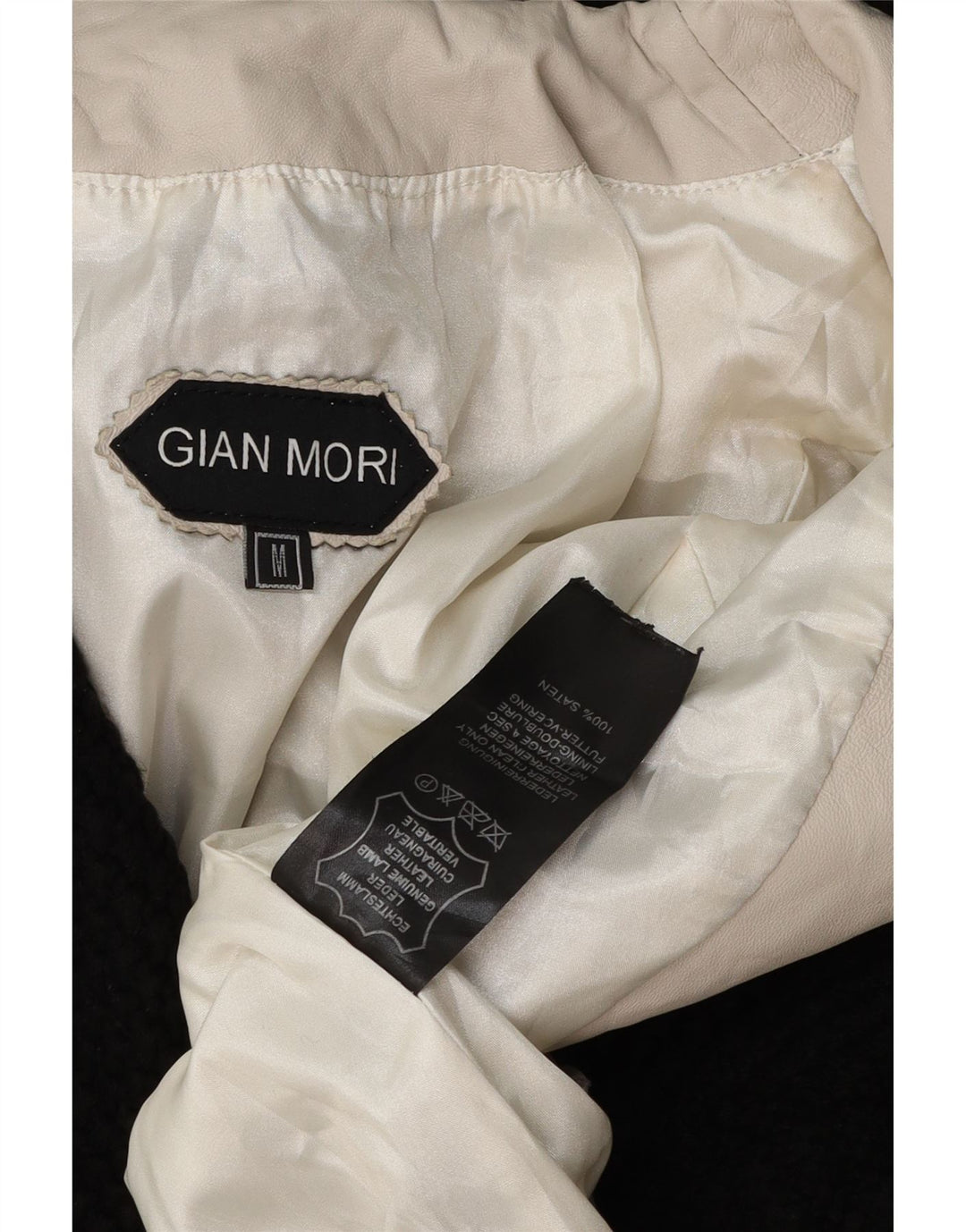 GIAN MORI Abrigo con capucha para mujer Reino Unido 44 Medio Color blanco roto Cuero con bloques de color