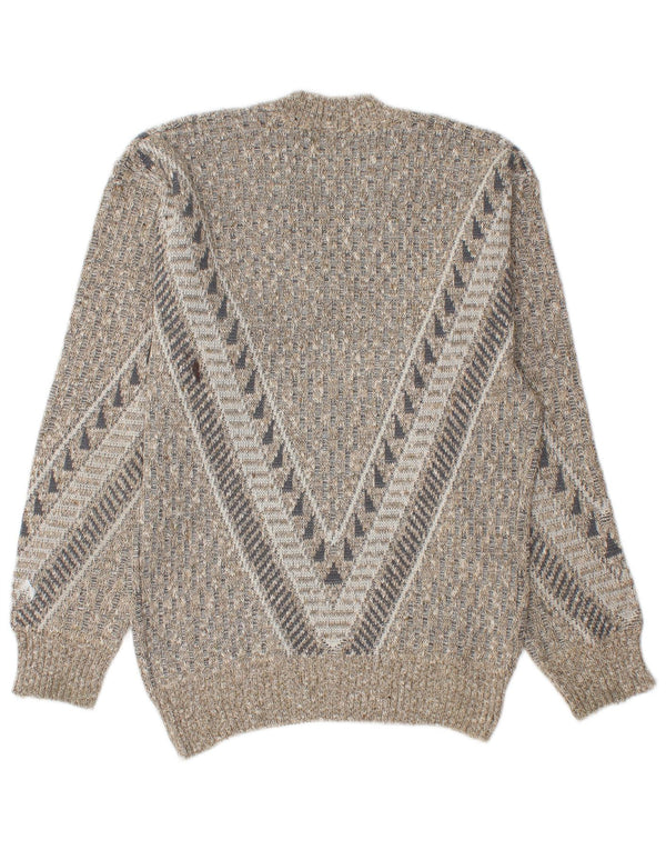 Vintage hombres V-cuello jumper suéter pequeño gris geométrico