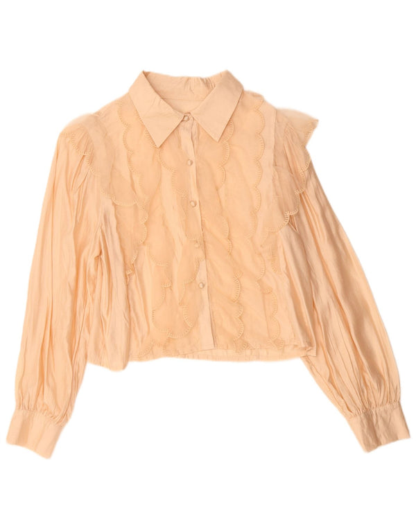 Vintage mujer crop volante camisa delantera blusa Reino Unido 14 viscosa beige medio